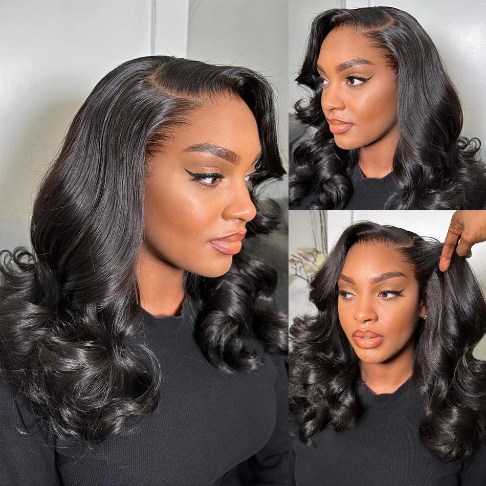 Elegant short body wave lace frontal bob wig displayed on a mannequin, highlighting the soft texture and natural flow of 200% density hair.
