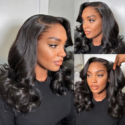 Elegant short body wave lace frontal bob wig displayed on a mannequin, highlighting the soft texture and natural flow of 200% density hair.