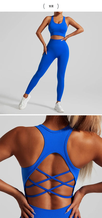 Luxury seamless yoga set featuring a chic backless crop top and stylish leggings, designed for women's fitness and yoga.