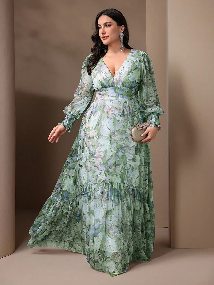 Elegantly designed TOLEEN Plus Size women's ankle-length floral print dress featuring flattering V-neckline, delicate lantern sleeves, and ruffled details, perfect for casual luxury in spring and summer.