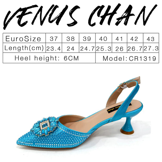 Elegant metal handle handbag paired with sky blue women's shoe set, exuding sophistication and style.