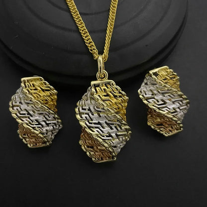 Luxurious 24K gold-plated copper geometric necklace and earrings set for women, perfect for elegant occasions.