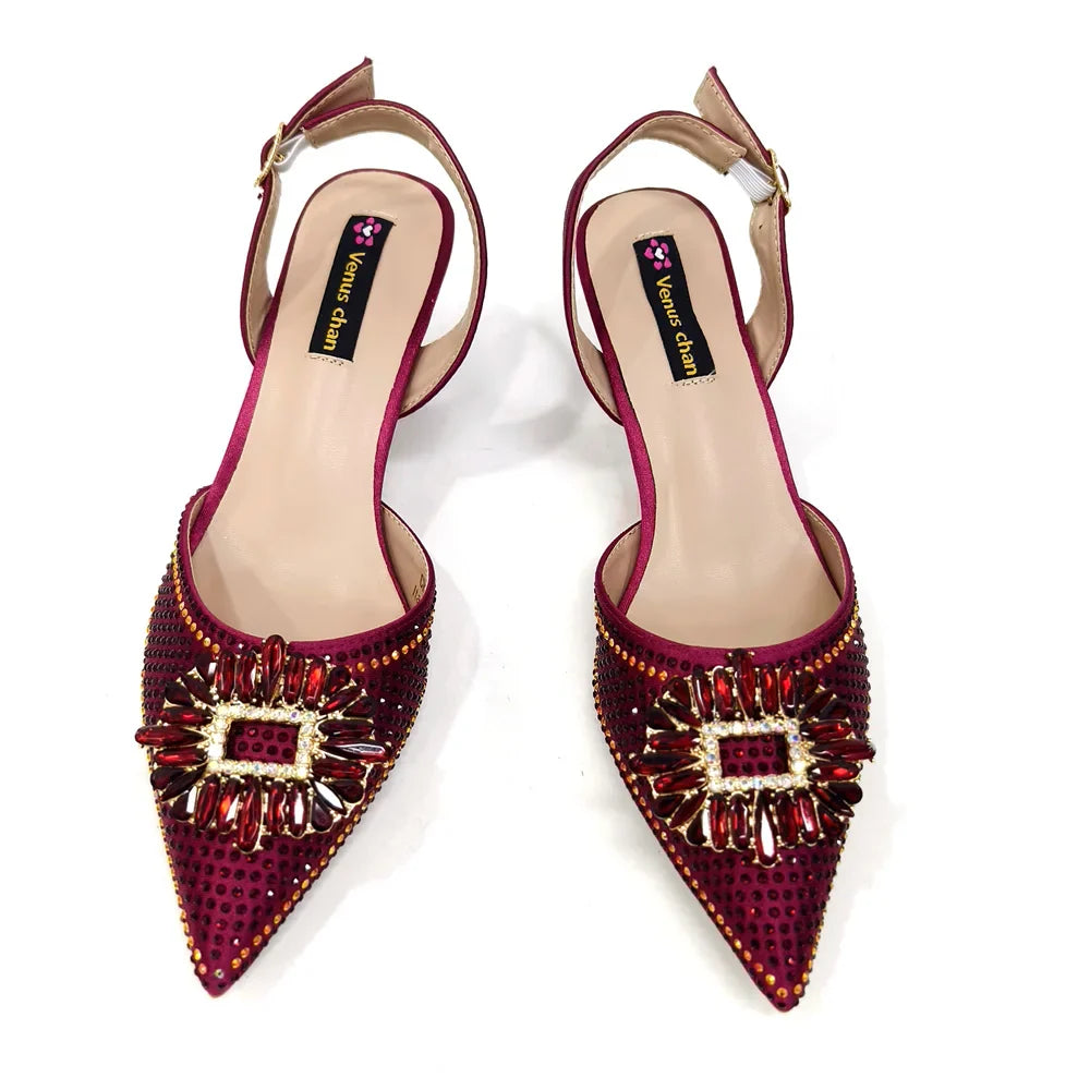 Close-up of luxurious pointed toe women's party shoes, showcasing the bling fashion element and exquisite craftsmanship.