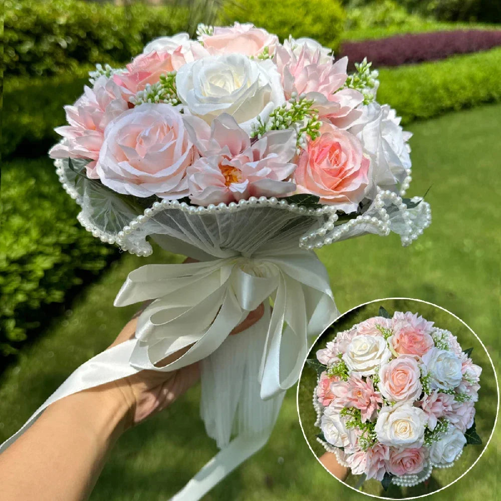 Stunning silk wedding bouquet showcasing delicate babysbreath roses, elegantly wrapped in pearl lace, perfect for a luxurious wedding.