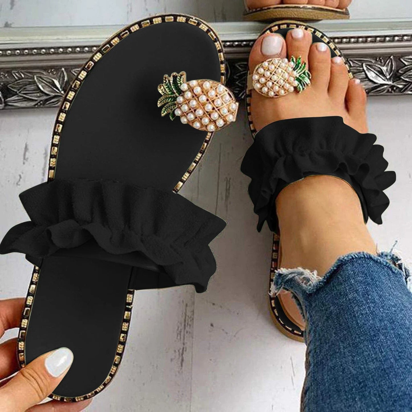 Luxurious close-up of Women's Pineapple Pearl Flat Toe Sandals showcasing intricate detailing, ideal for adding a touch of sophistication to summer footwear.