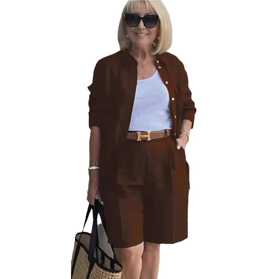 Luxury women’s summer cardigan and shorts set in elegant solid colour design, showcasing casual sophistication.