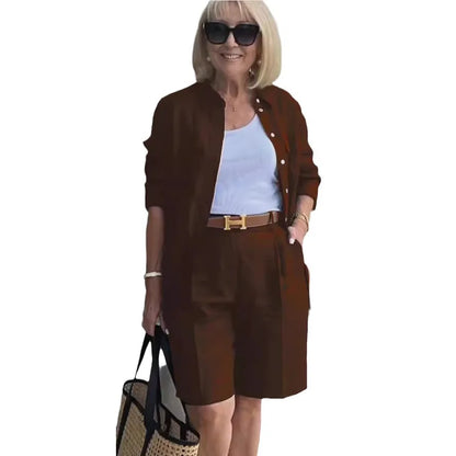 Luxury women’s summer cardigan and shorts set in elegant solid colour design, showcasing casual sophistication.