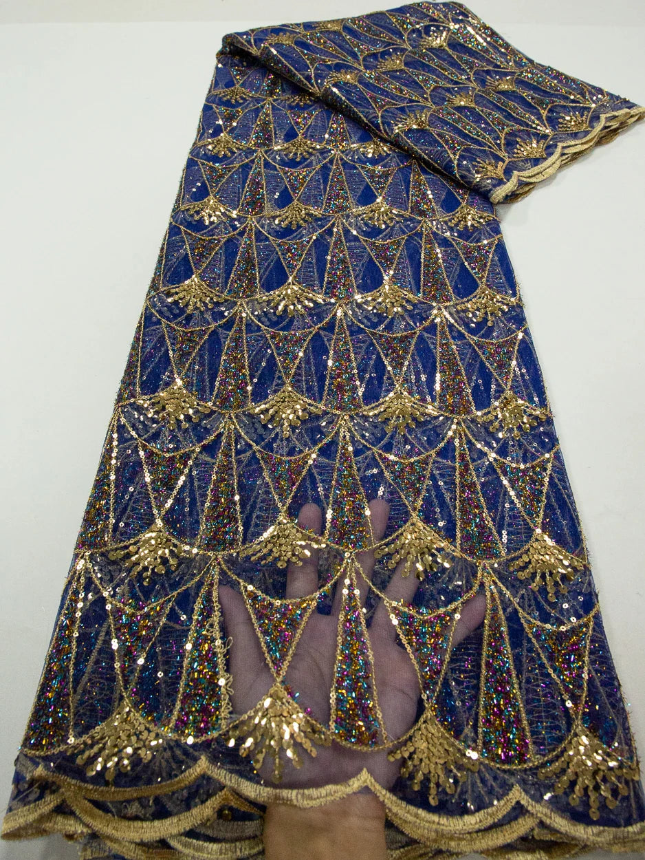 Elegant Kalume African lace fabric featuring exquisite sequins, perfect for opulent wedding and party dresses.