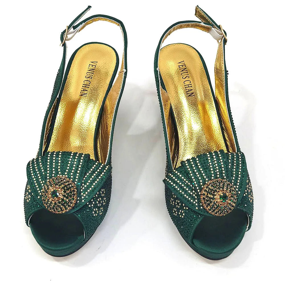 Luxurious Venus Chan women's golden wedding shoes featuring full diamond bling, high spike heels and elegant buckle strap closure.