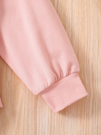 Elegant pink cartoon long sleeve top and slim denim pants set for girls aged 4-6, ideal for spring fashion.