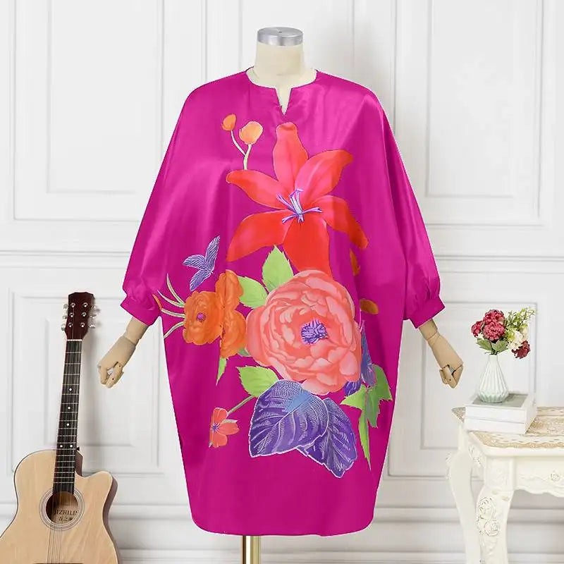 Elegant Plus Size 5XL VONDA Women’s Bohemian Floral Midi Dress featuring exquisite batwing sleeves and a luxurious V-neck, perfect for any stylish occasion.