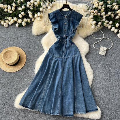 Beautiful silhouette of the WTHT Women's Sleeveless Denim Long Dress, showcasing a straight cut and natural waistline, perfect for casual elegance.