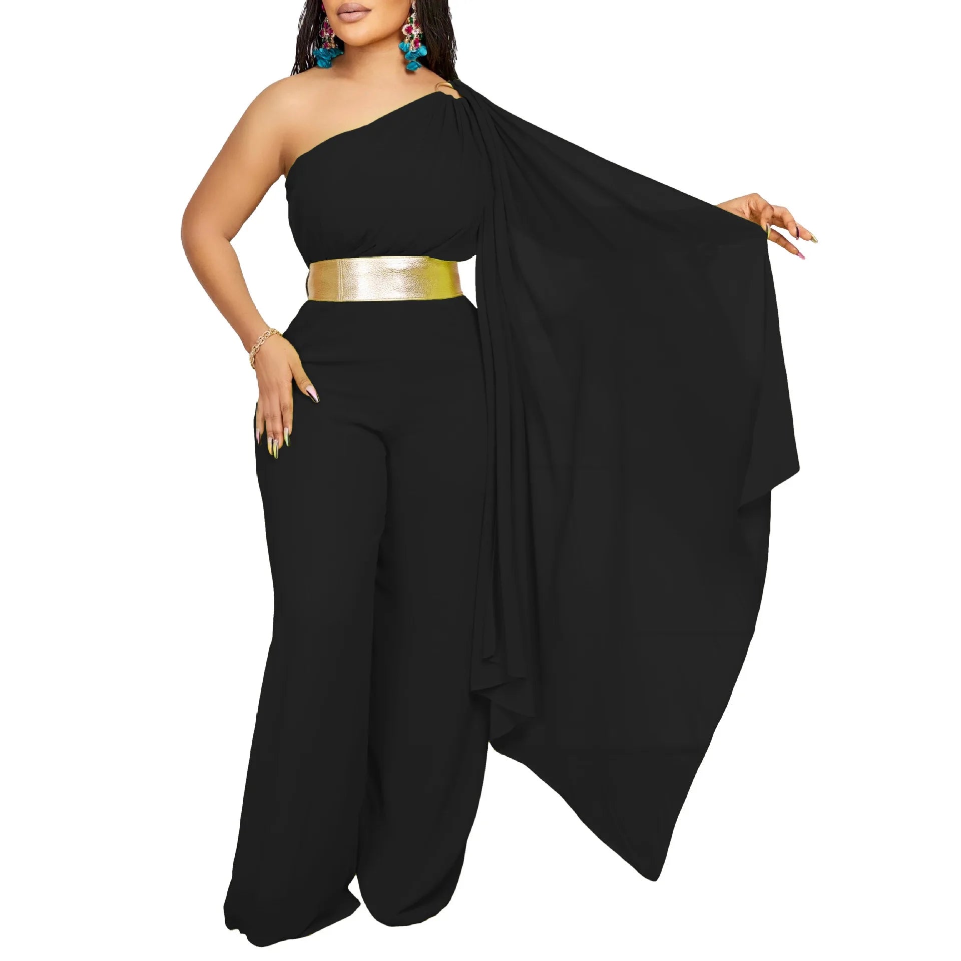 Elegant one shoulder high waisted jumpsuit for women with flying sleeves, available in sizes S to XXXL, crafted from luxurious polyester.