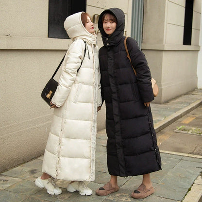 Chic long hooded parka coat made of premium cotton, designed by Hot Trends Area for luxurious warmth on chilly days.