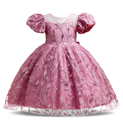Elegant Girls' Princess Party Summer Dress featuring a puff sleeve design and a stunning back bow, perfect for weddings and birthday celebrations, catering to ages 2-12.