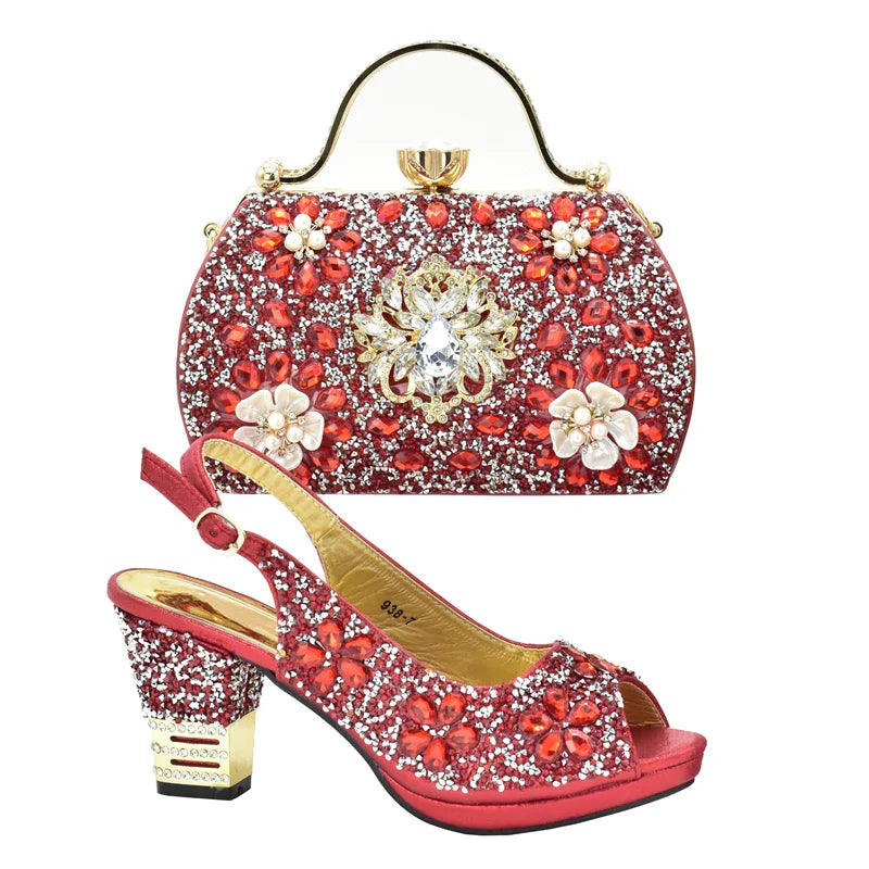 Stylish summer party ensemble featuring sophisticated rhinestone pumps and matching handbag, showcasing super high heels for glamorous occasions.