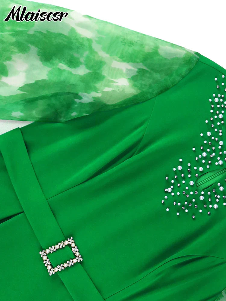 Luxury formal dress for women featuring an enchanting green shade, pearl mesh lantern sleeves, and a refined empire waistline from Mlaiscsr, perfect for autumn and winter seasons.