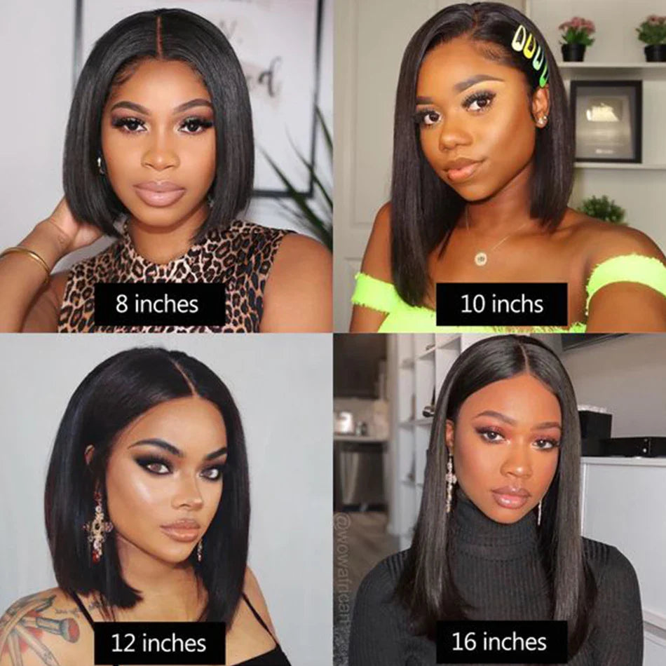 Showcasing the versatility of the Brazilian human hair bob wig, featuring pre-plucked hairline and average cap size for a comfortable fit.