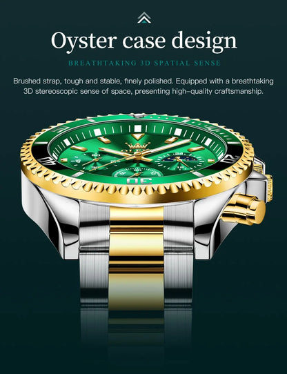 Stylish luxury men's stainless steel chronograph watch with a luminous display, featuring a strong water-resistant design, perfect for any occasion.