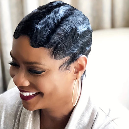 Stylish display of a short curly pixie wig made from Brazilian Remy human hair, captured in a luxurious finger wave style to accentuate elegance.