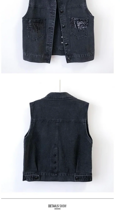 Close-up view of women’s denim vest jacket showing exquisite sequin embellishments, designed for a sophisticated summer look.