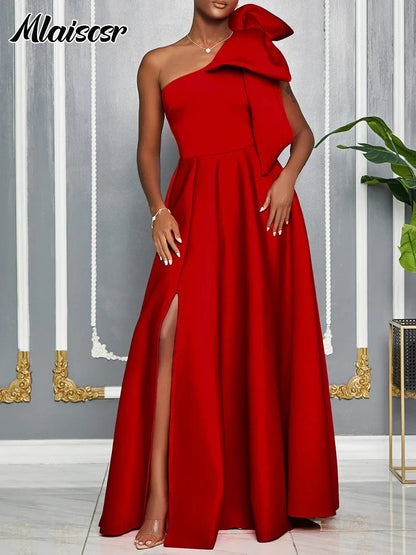 Mlaiscsr Elegant One-Shoulder A-Line Evening Dress for Women, featuring a luxurious red fabric and a striking big bow detail, perfect for formal occasions.