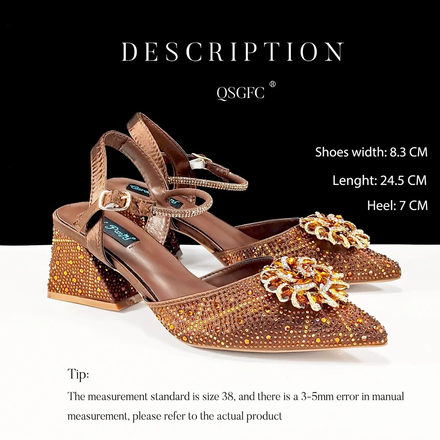 Stylish coffee coloured QSGFC high heel pumps featuring a long chain shoulder bag, perfect for elevating any elegant outfit.