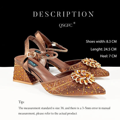 Stylish coffee coloured QSGFC high heel pumps featuring a long chain shoulder bag, perfect for elevating any elegant outfit.