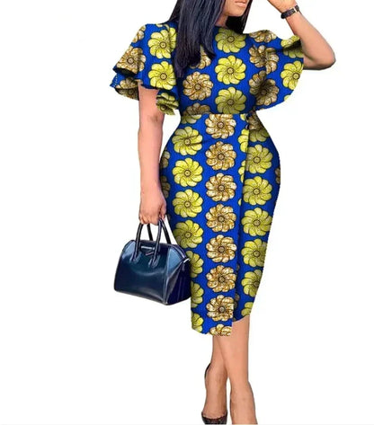 Detailed view of a stunning evening dress with traditional African print, designed for women who appreciate luxury and culture.