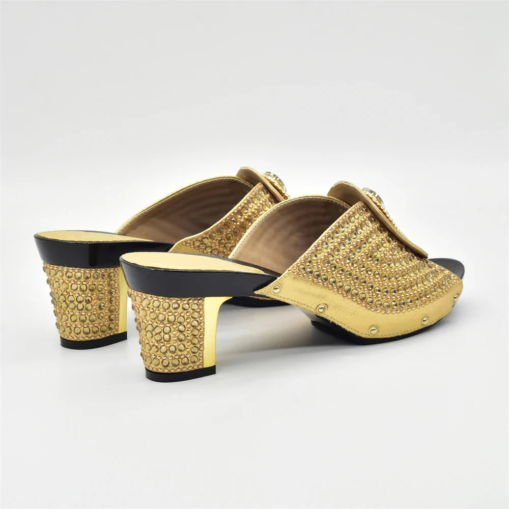 Stylish and chic Italian rhinestone embellished shoe and matching bag set, designed for occasions such as weddings and parties.