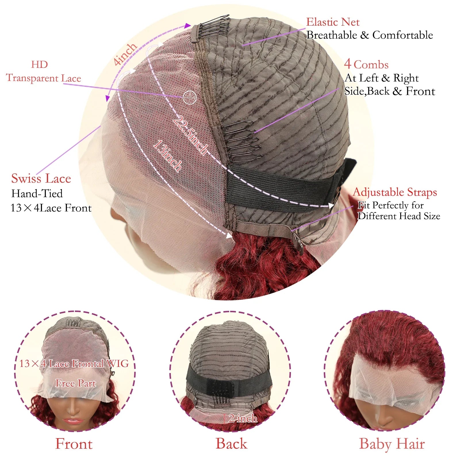 Luxurious Brazilian Remy Human Hair 13x4 Bob Wig in 99J Burgundy colour showcasing a beautiful Water Wave texture.