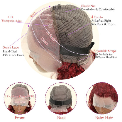 Luxurious Brazilian Remy Human Hair 13x4 Bob Wig in 99J Burgundy colour showcasing a beautiful Water Wave texture.