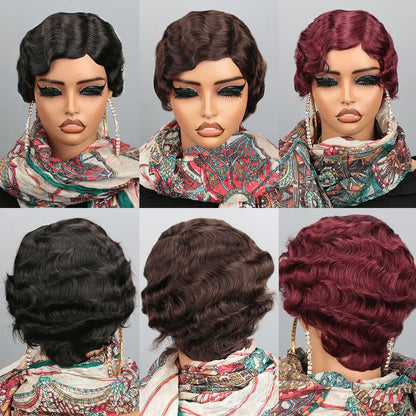 Elegant display of a luxury women's brown short curly wig made from premium Remy Brazilian hair.