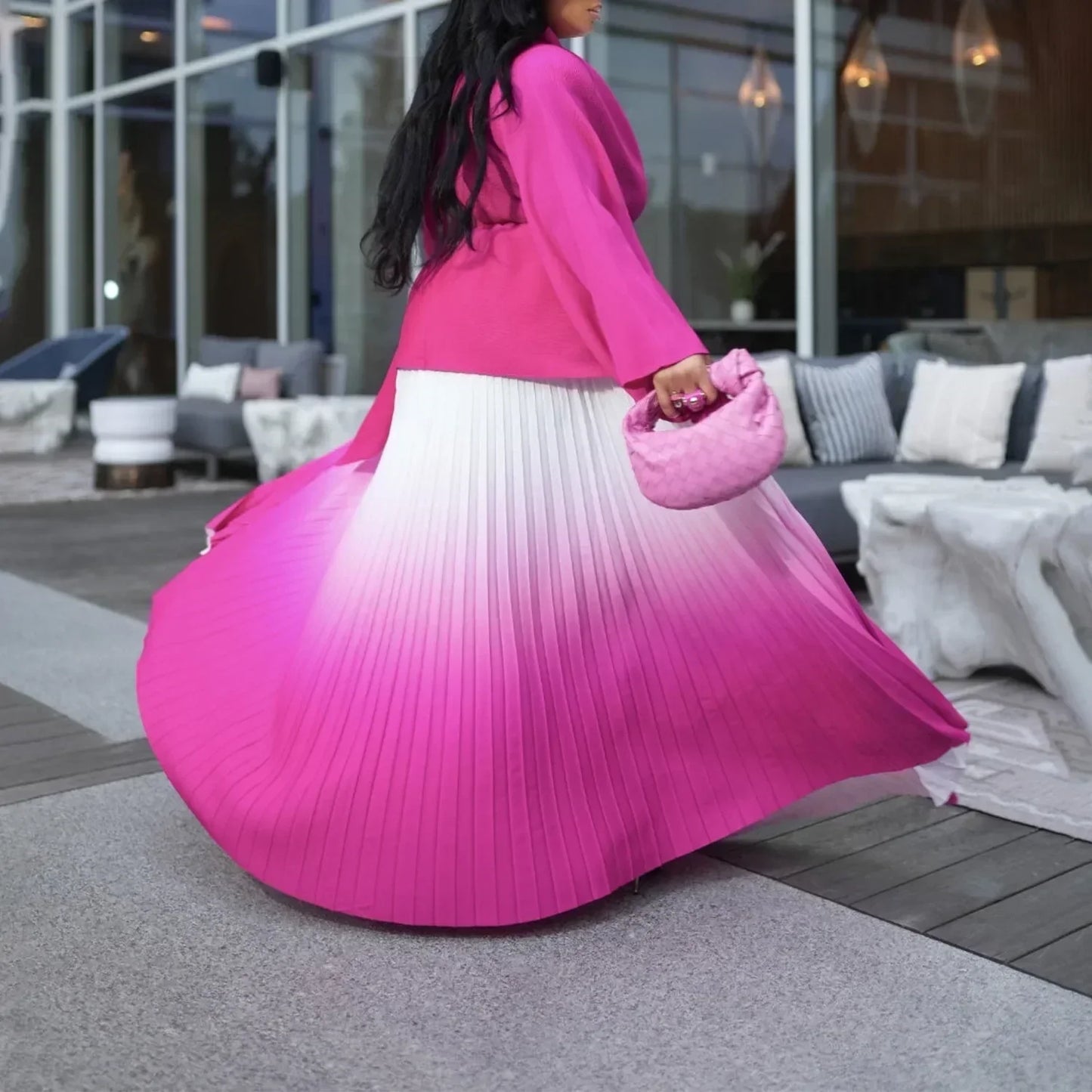 CM.YAYA Women's Luxury Gradient Blouse with Belt and Pleated Long Skirt Set for Autumn/Winter, featuring a sophisticated V-neck and batwing sleeve design.