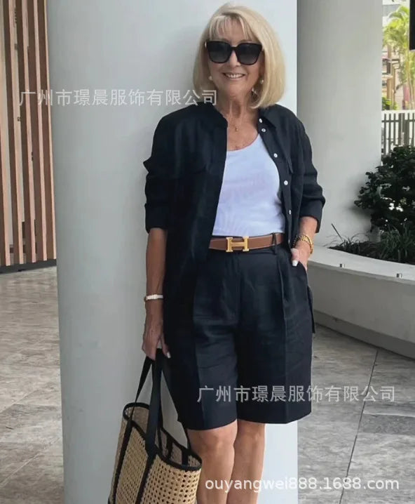 Full view of a chic casual women’s outfit comprising a cardigan and shorts, perfect for summer outings and relaxation.