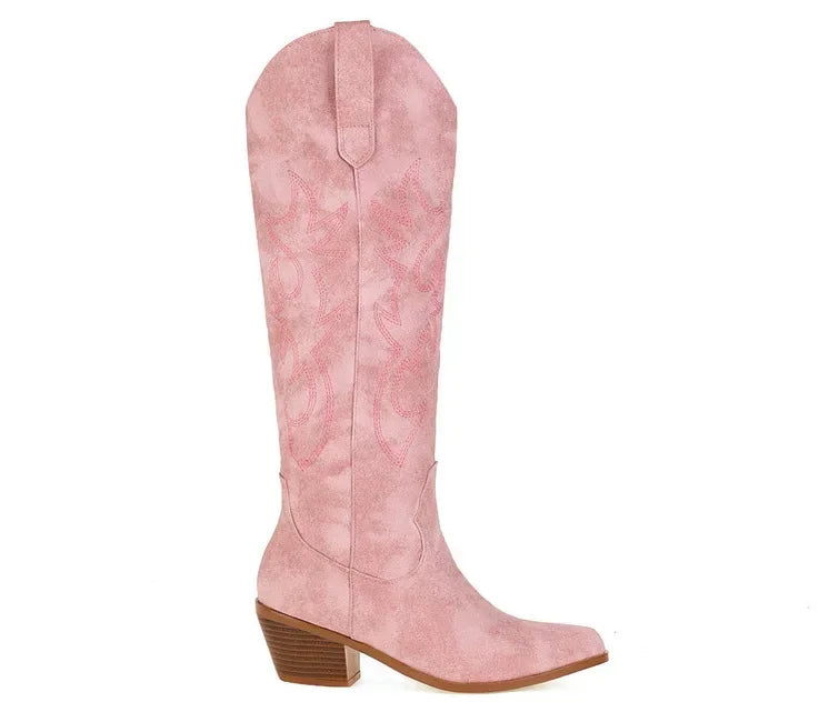 Elegant brown PU leather knee-high knight boots for women, featuring a stylish pointed toe and western cowboy design.