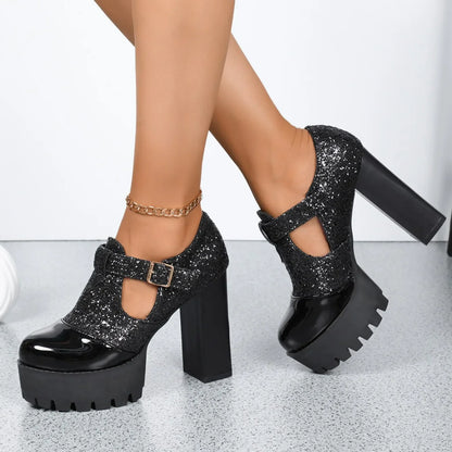 High round toe slip-on women's pumps featuring a stylish square heel, ideal for casual and formal occasions.