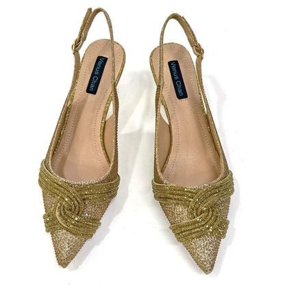 Front View of Venus Chan Rhinestone High Heel Party Shoes in Champagne, Exuding Luxury Style and Comfort for Women, Available Sizes 37-43