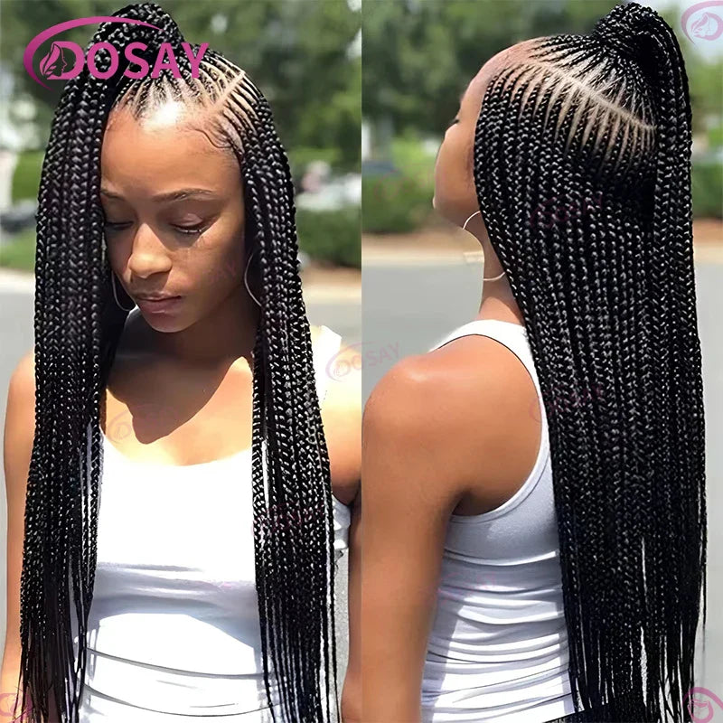 Luxury synthetic braided wig for black women featuring a side part, crafted with high-quality Swiss lace for a natural look.