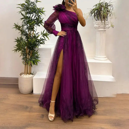 Women’s elegant A-Line evening dress with intricate chiffon fabric, boasting a flattering silhouette and a dramatic slit for a touch of glamour.