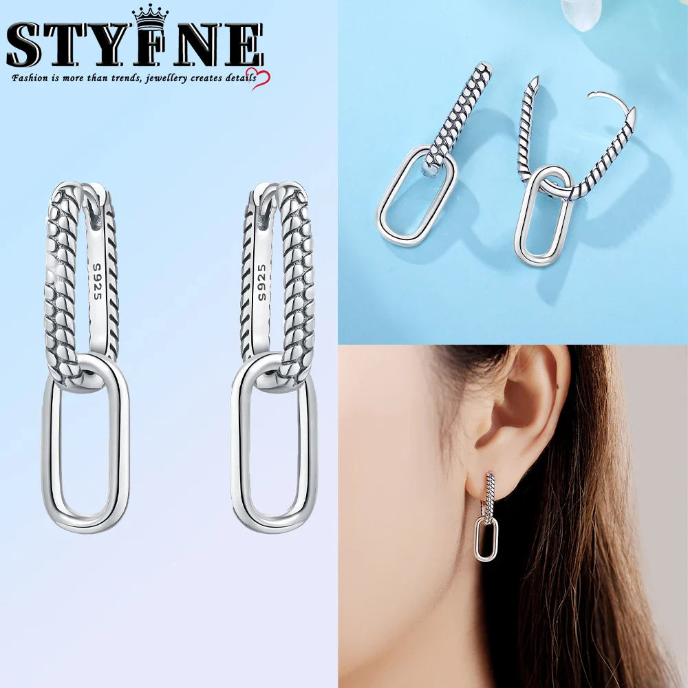 Pair of elegant 925 sterling silver geometric double square buckle pavé earrings for women, showcasing intricate design and sophistication.