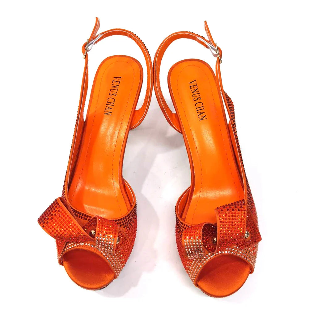 Venus Chan elegant peach rhinestone high heels for women, showcasing a luxurious design perfect for summer parties, featuring a peep toe and spike heels.