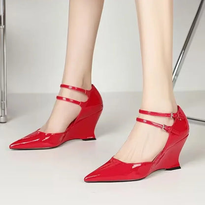 Elegant women's high heel wedge sandals with pointed toe design, featuring a luxurious buckle closure, perfect for spring fashion.