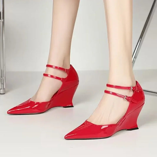 Elegant women's high heel wedge sandals with pointed toe design, featuring a luxurious buckle closure, perfect for spring fashion.