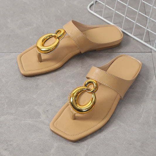 Luxurious chic open toe square toe sandals featuring a stylish metal buckle, perfect for women seeking versatile summer flats in high-quality PU material.