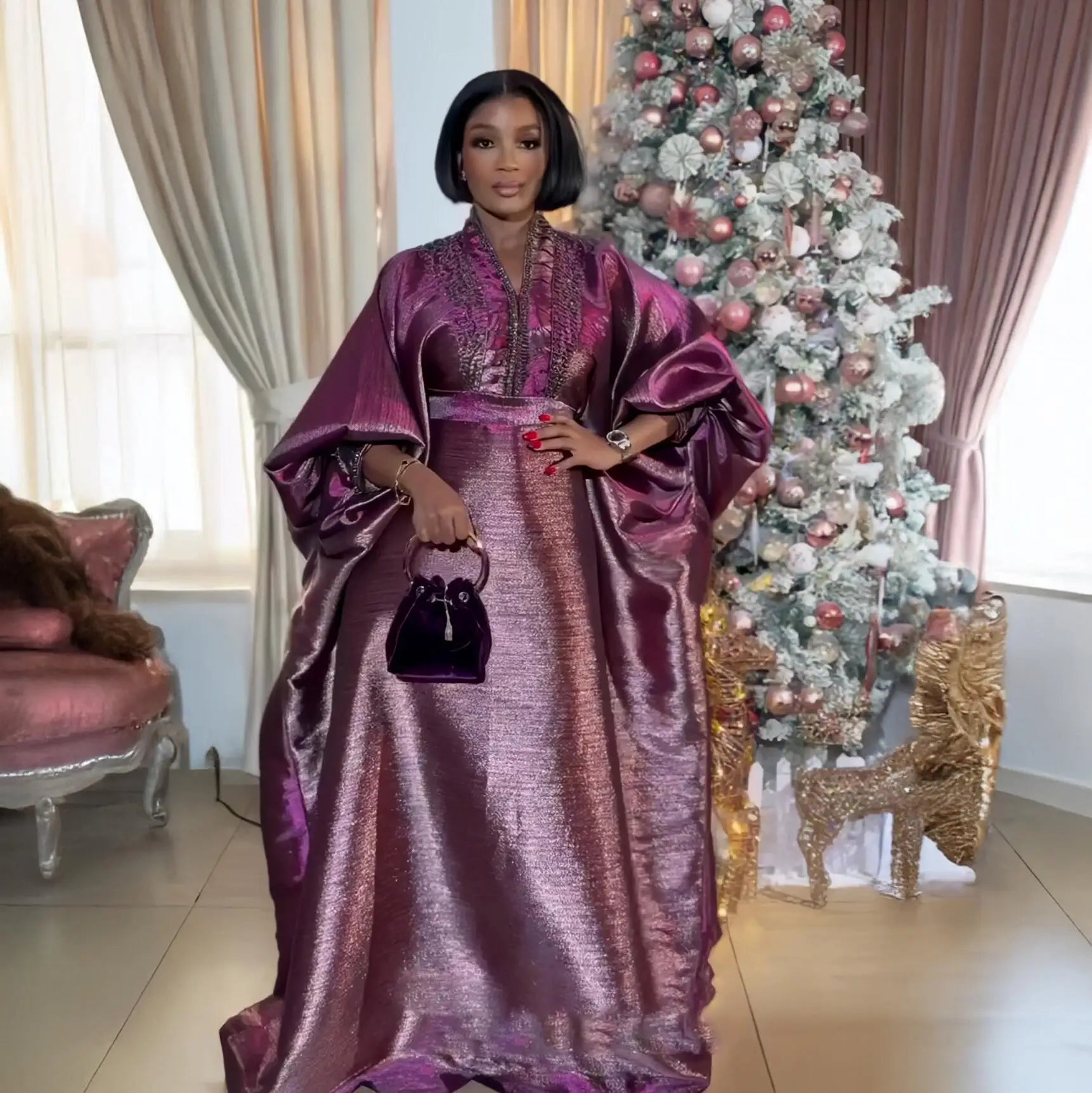 Beautifully styled African church attire featuring a chic rhinestone turkey dress, ideal for showcasing fashion forward elegance in women's traditional clothing.