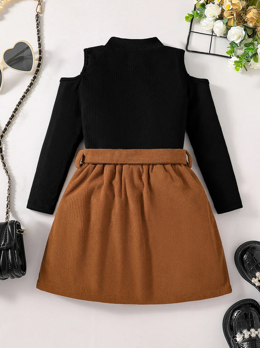 Chic and sophisticated autumn outfit for girls, showcasing a refined off shoulder turtleneck and a fashionable half skirt, perfect for ages 4-6 years in high-quality polyester.