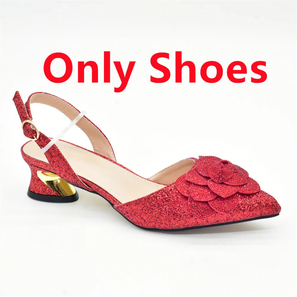 Glamorous women's footwear set featuring high heel and coordinating bag in vibrant red, perfect for parties and celebrations.