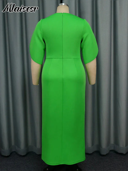 Full-length image of the Mlaiscsr evening gown featuring a slim fit design, ankle-length silhouette, and fluttering butterfly sleeves.