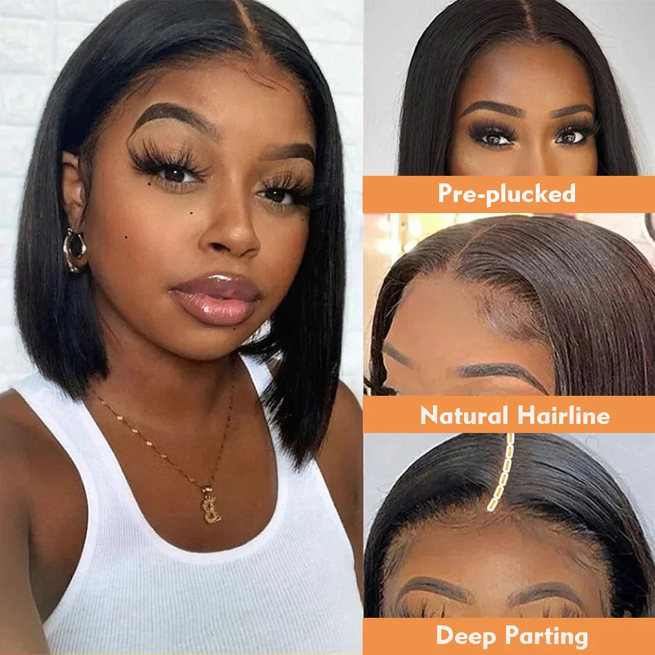 Luxury short Brazilian lace front wig in a sleek straight style, crafted from high-quality Remy human hair with Swiss lace for a natural look.